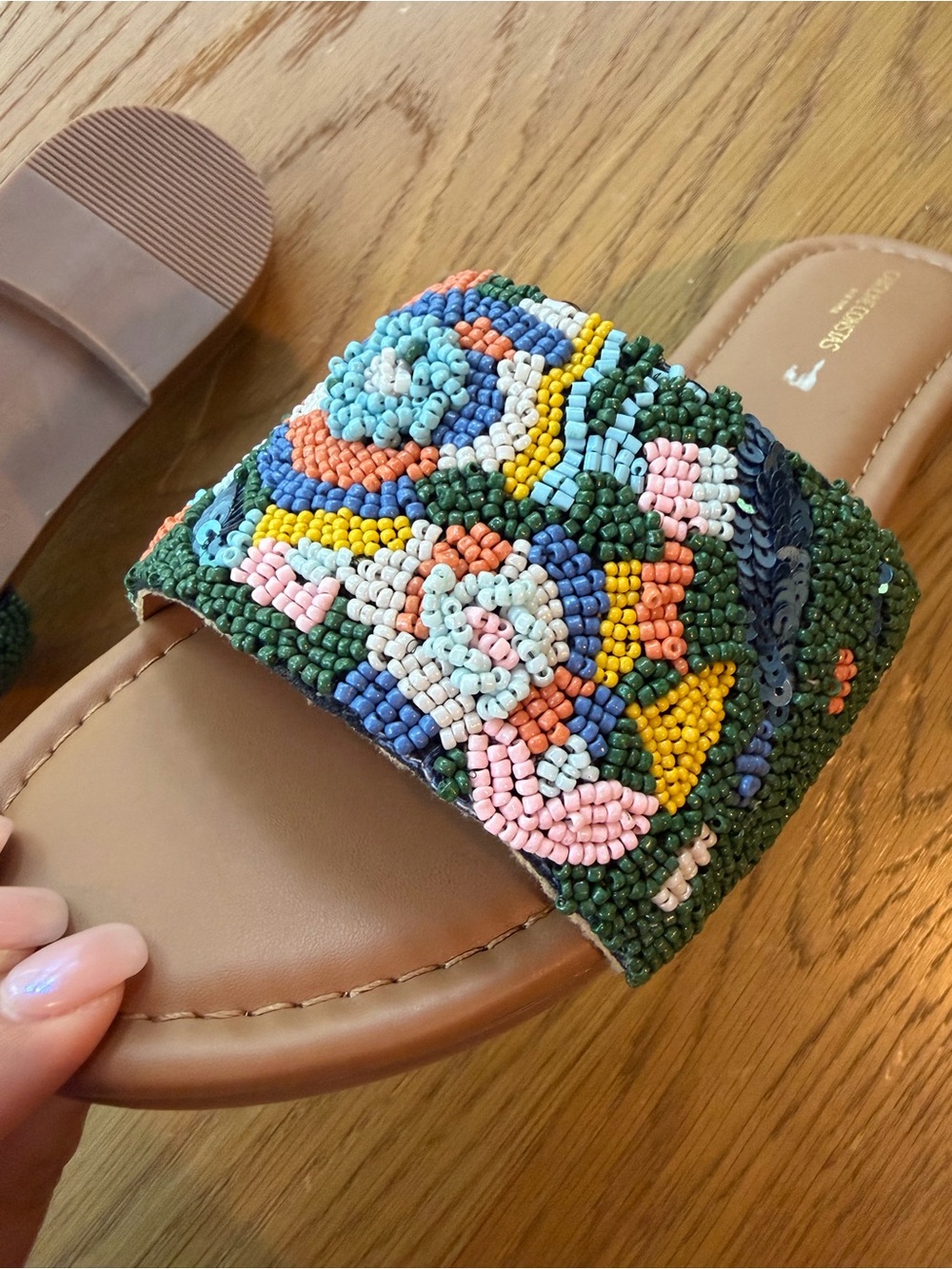 Caroline Constas Tan Slide Sandals with Multicolor Beaded Floral Straps - Picture 3 of 3